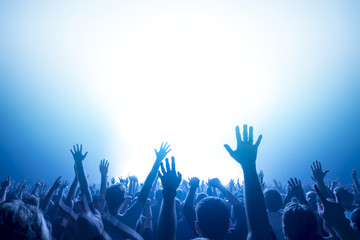cheering crowd at a rock concert - obrazy, fototapety, plakaty