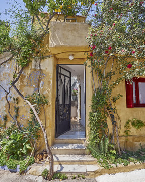 Athens Greece, house entrance at Anafiotika, an old neighborhood under acropolis, built by Anafi islanders according to their tradition around 1840