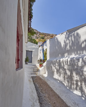 Athens Greece, picturesque alley at Anafiotika, an old neighborhood under acropolis, built by Anafi islanders according to their tradition around 1840