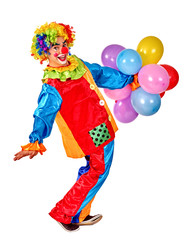 Happy birthday clown playing  bunch of balloons.  