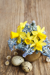 Obraz na płótnie Canvas Bouquet of daffodils and blue muscari (Grape hyacinth)