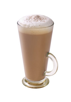 coffee latte with frothy milk and chocolate powder 