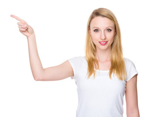Caucasian woman showing finger point up