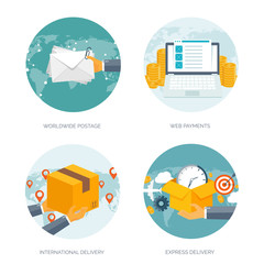 Flat vector illustration backgrounds set. International delivery and worldwide postage. Emailing ,online shopping. Envelope ,package