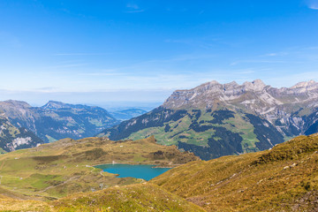 Aerial view of Truebsee and the Alps