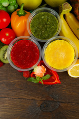 Fresh juice mix fruit, healthy drinks on wooden table background