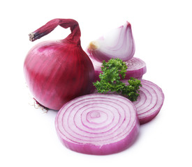 Red sliced onions with parsley isolated on white