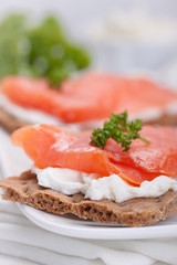 Sandwich with smoked salmon and cottage cheese on a white plate.