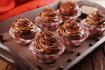 Chocolate cupcakes on metal tray closeup