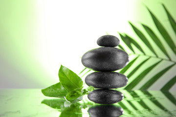 Obraz na płótnie Canvas Spa stones and green palm branch on light green background