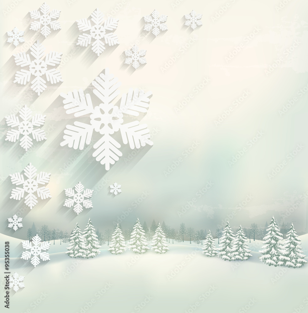 Poster beautiful winter background with a landscape and a snowflake des