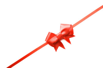 Shiny red ribbon with bow isolated on white