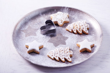 Beautiful Christmas cookies on oven-tray, close up