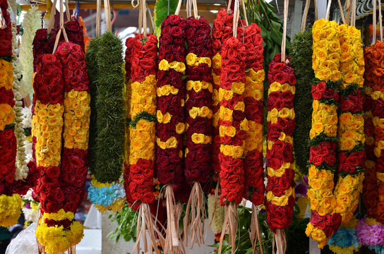 Flower garlands and basket of flower used for hinduism religion