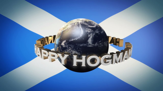 Happy Hogmanay greeting to the world fro Scotland with Scottish Saltire flag in the background