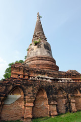 Old buddha pagoda temple with cloudy white sky in Ayuthaya Thailand