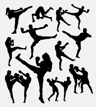 Muay Thai boxing. Male and female kick boxing silhouette. Good use for symbol, logo, web icon, mascot, game elements, or any design you want. Easy to use.