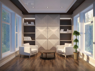 3d illustration of modern interior with shelves
