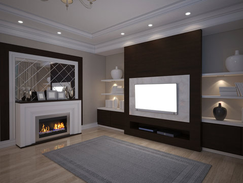 3D illusrtation of TV unit with shelves and fireplace