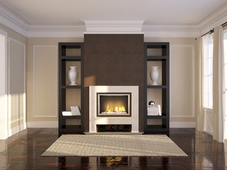 3D illustration of vintage living-room interior with fireplace..