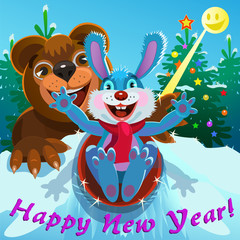 Naklejka premium New year in the forest/ Fun animals the hare and the bear, slide down hills during the winter holidays they are funny and joyful