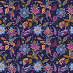 Fantasy flowers seamless paisley pattern. Floral ornament, for f