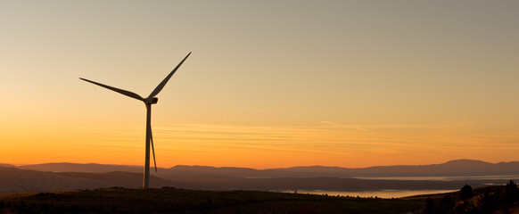 Wind-turbines on the Croatian coast ,  wind turbines at sunset
