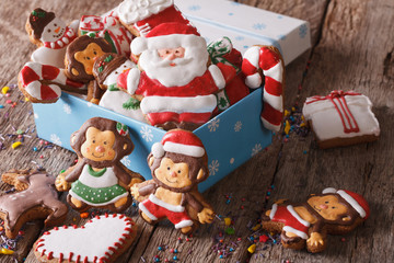 Christmas gingerbread cookies in a gift box close-up. horizontal
