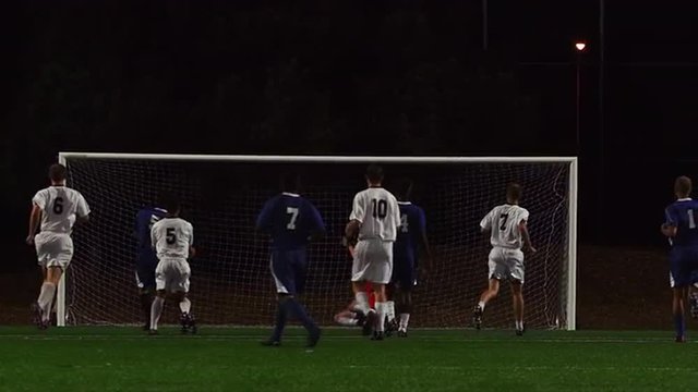 A soccer team makes a goal during a game at night
