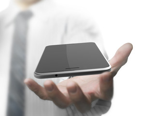 Man hand holding smart phone with black touchscreen