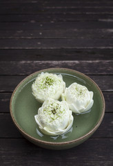 White lotus floating in green bowl with space on wooden floor