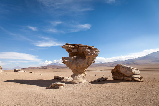 Viaggi in Sud America:  Arbol de piedra. Formazione rocciosa erosa dal vento nel deserto del siloli, Ande.
