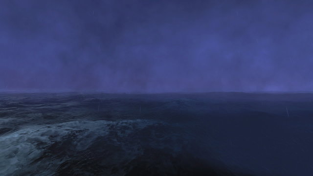 Stormy Sea at Night with Rain. Lighting flashes in the middle of the ocean during a heavy storm. Three dimensional rendering animation.