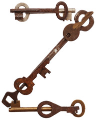 Alphabet from old keys isolated on white background. Letter Z