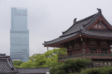 Osaka, Japan at Abeno harukas and Shitennoji Temple. 