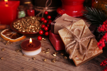 Fototapeta na wymiar Christmas decorations on wooden background