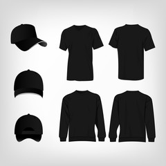 Black sport baseball cap, t-shirt and sweater isolated vector set