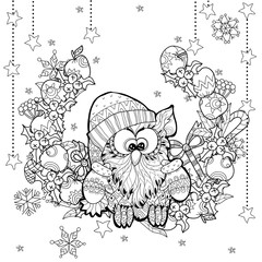 Christmas owl with gift box zentangle doodle.Vector illustration layered ready for coloring.