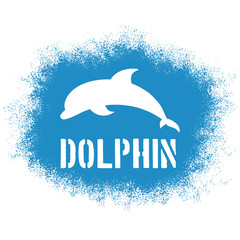vector printable sprayed illustration with jumping dolphin and label. Can be printed on t-shirts, pillow, poster, mug, bag