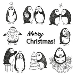 Obraz premium vector christmas postcard with cute penguins