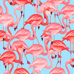Obraz premium Tropical birds seamless pattern with pink flamingos
