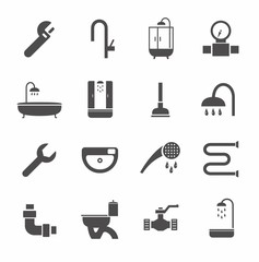 Plumbing, icons, monochrome, white background. 