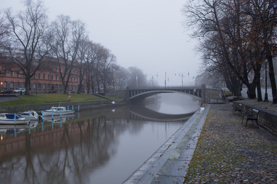 TURKU, FINLAND - November 08: River Aura in the fog, soft focus, Finland on November 08, 2015