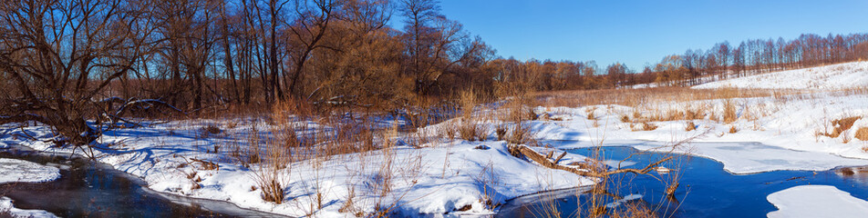 Wide Panorama Winter Landscape with Forest and River