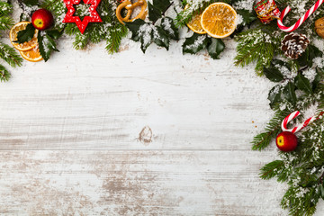 Christmas decoration on wooden boards.