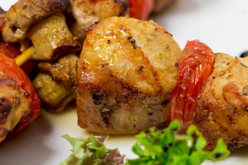 Delicious shish kebab on skewers.