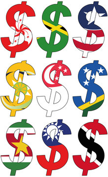 dollar with various flags - currency, valuta, anchor currency