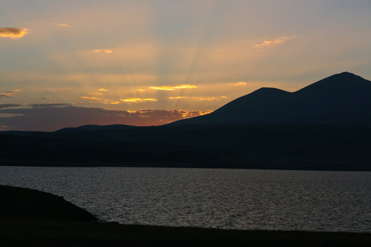 sunset on a high-salt lake Paravani, Georgia