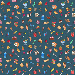 Colorful hand drawn fast food seamless pattern