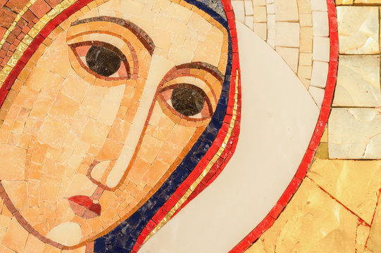 Detail of the face of a mosaic of the Blessed Virgin mary